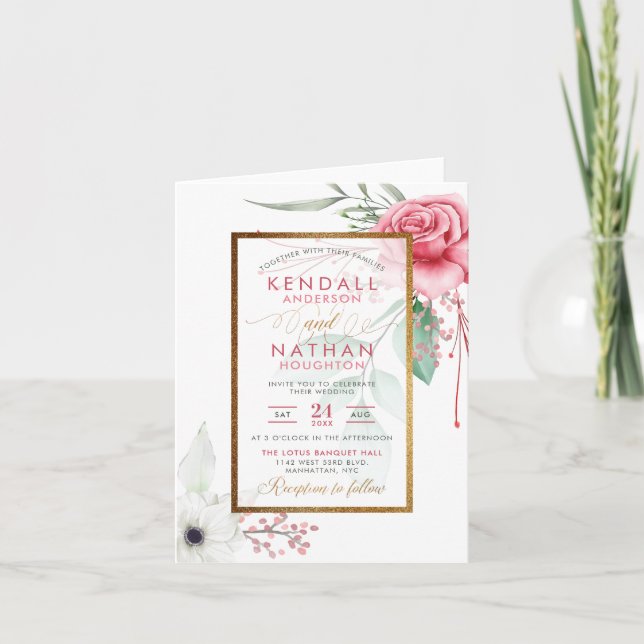 Glam Fuchsia Watercolor Roses Spring Wedding Invitation (Front)
