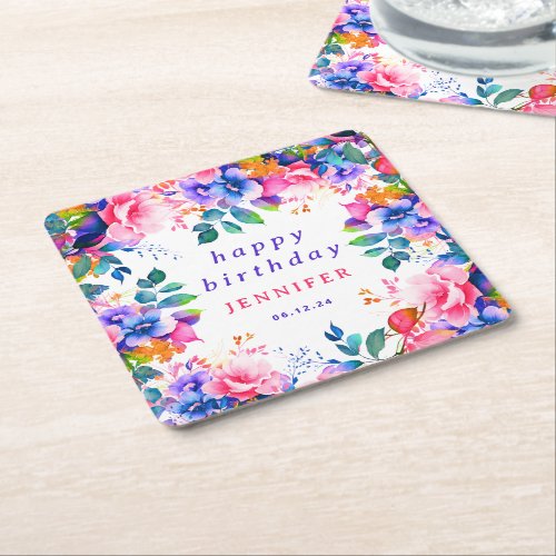 Glam Garden Chic Watercolor Floral Happy Birthday  Square Paper Coaster