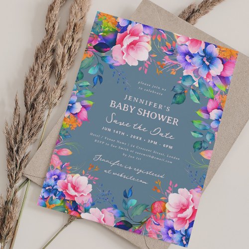 Glam Garden Floral Baby Shower Save Date Dusty Blu Invitation