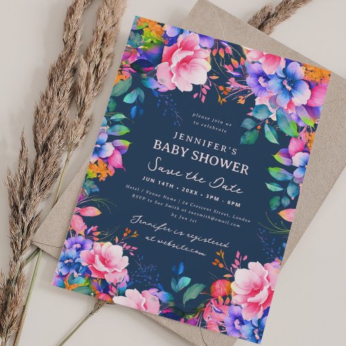 Glam Garden Floral Baby Shower Save Date Navy  Invitation