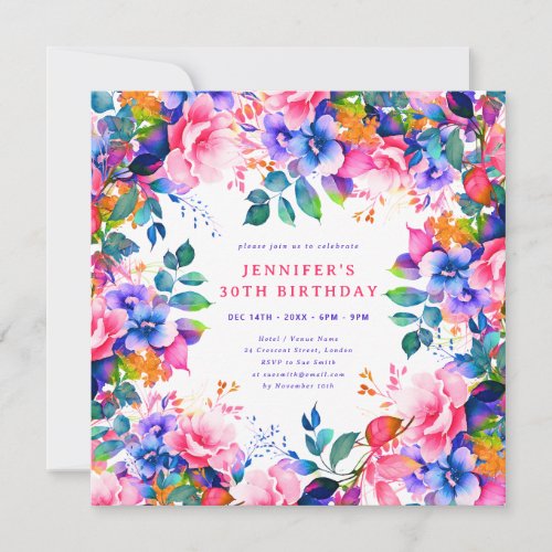 Glam Garden Watercolor Floral 30th Birthday  Invitation