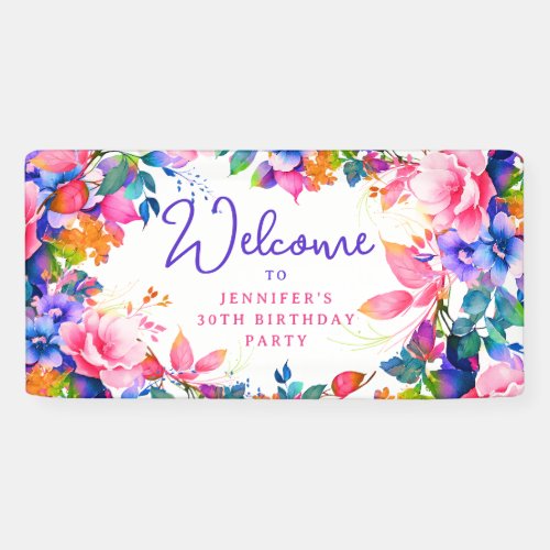 Glam Garden Watercolor Floral 30th Birthday Party Banner