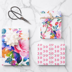 Glam Garden Watercolor Floral 30th Birthday Wrapping Paper Sheets