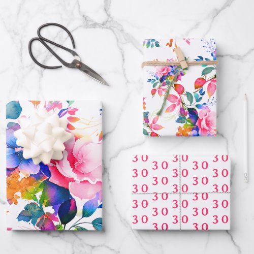 Glam Garden Watercolor Floral 30th Birthday  Wrapping Paper Sheets