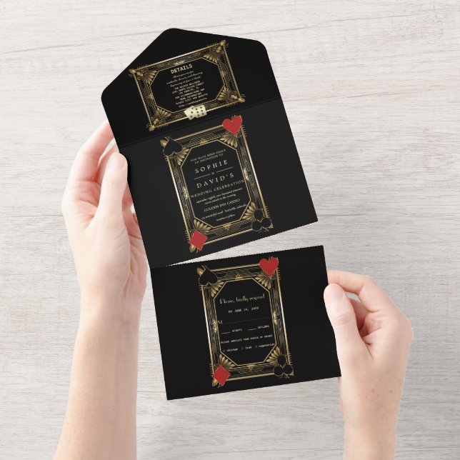 Glam Gatsby Art Deco Poker Casino Vegas Wedding All In One Invitation (Tearaway)