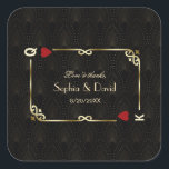 Glam Gatsby Casino Las Vegas Poker Wedding Square Sticker<br><div class="desc">Unique Casino Royale and Great Gatsby themed card design. It features vintage art deco style, a Roaring 1920's old Hollywood broken frame with faux gold foil Fleur-de-lis, red hearts, Q and K on two corners (simulating playing cards), on gold black Art Deco pattern background. Special wording are used as in...</div>