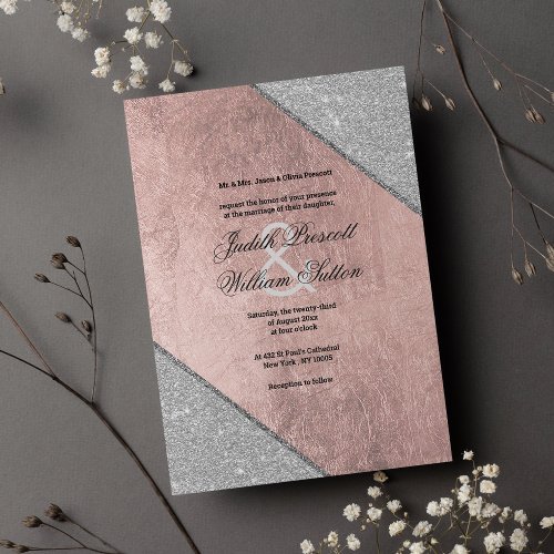 Glam geometric rose gold silver glitter wedding invitation