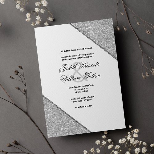 Glam geometric silver glitter calligraphy wedding invitation