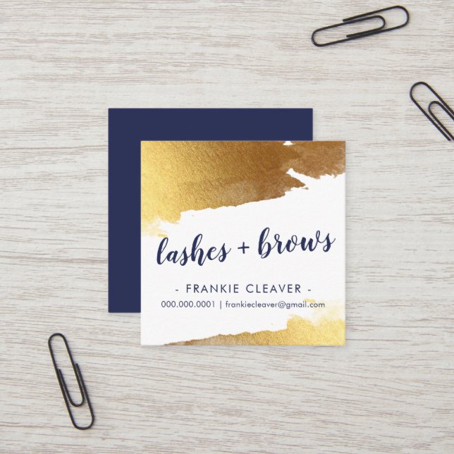 GLAM GILDED GOLD EDGES hand lettered script navy Square Business Card (Front/Back In Situ)