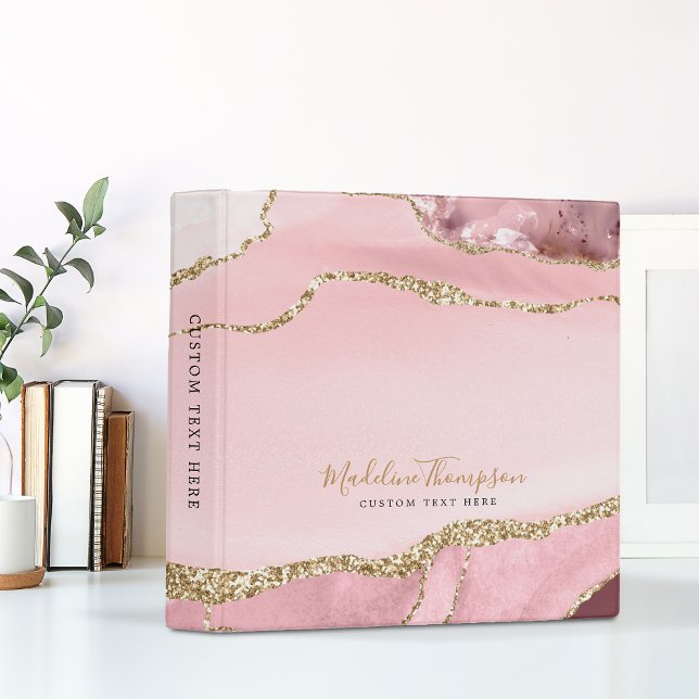 Glam Girly Blush Pink Agate Geode Gold Script 3 Ring Binder (Creator Uploaded)