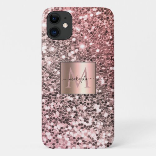 Glam Girly Blush Pink Gitter Design Name Monogram iPhone 11 Case