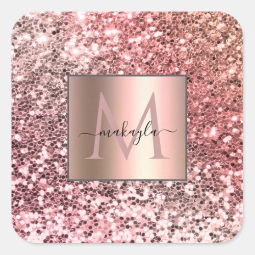 Glam Girly Blush Pink Gitter Design Name Monogram Square Sticker