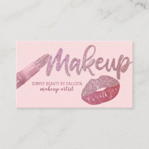 Glam Girly Blush Pink Glitter Foil Lips Makeup Business Card