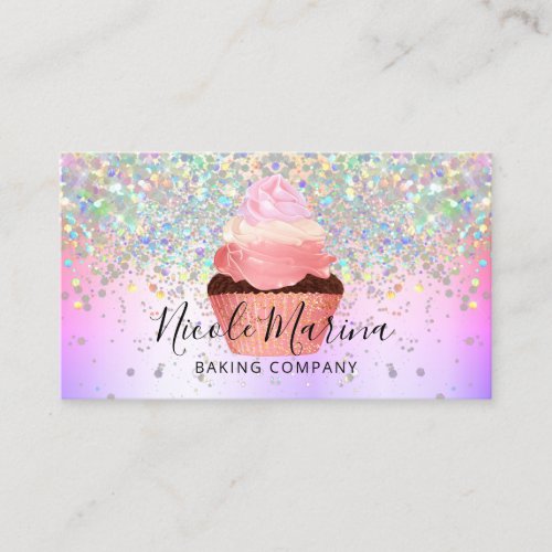 Glam Girly Cupcake Bakery Faux Holographic Glitter Business Card