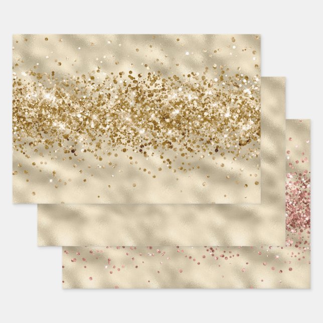 Glam Girly Gold Glitzy Glitter Sparkle Confetti Wrapping Paper Sheets (Set)