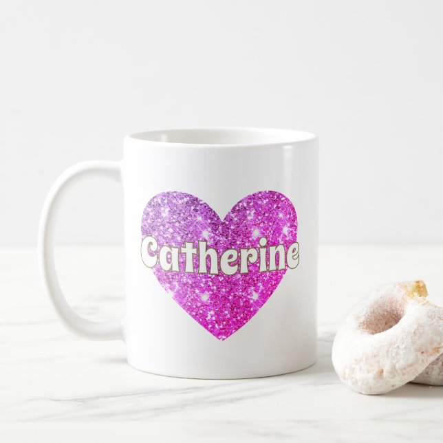 Glam Girly Hot Pink Glitter Heart Name  Coffee Mug (With Donut)