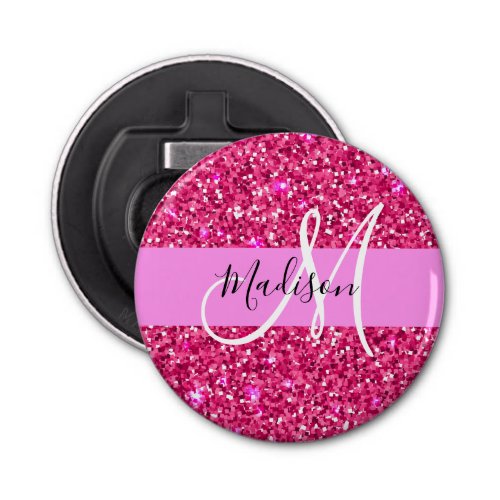 Glam Girly Hot Pink Glitter Sparkles Name Monogram Bottle Opener