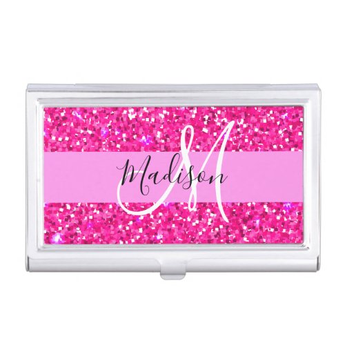 Glam Girly Hot Pink Glitter Sparkles Name Monogram Business Card Case