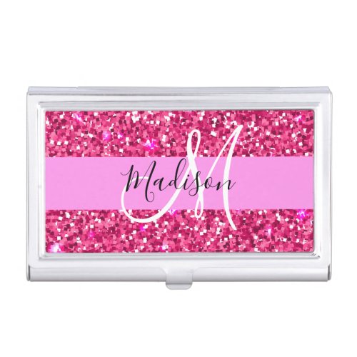 Glam Girly Hot Pink Glitter Sparkles Name Monogram Business Card Case