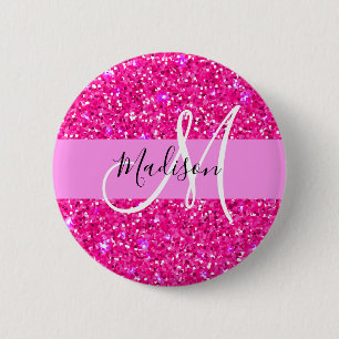 Glam Girly Hot Pink Glitter Sparkles Name Monogram Button