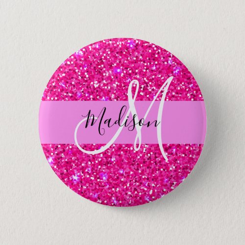 Glam Girly Hot Pink Glitter Sparkles Name Monogram Button