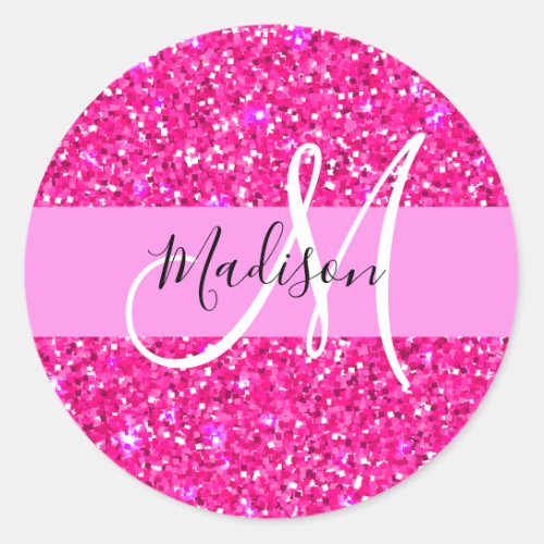 Glam Girly Hot Pink Glitter Sparkles Name Monogram Classic Round Sticker