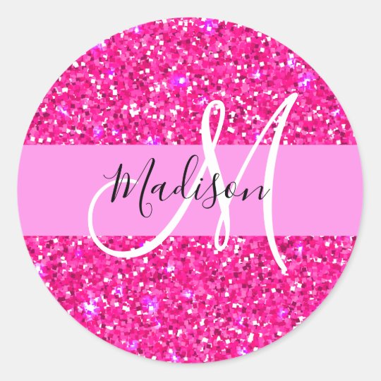 Glam Girly Hot Pink Glitter Sparkles Name Monogram Classic Round ...