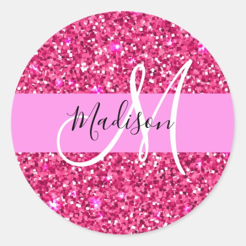 Glam Girly Hot Pink Glitter Sparkles Name Monogram Classic Round Sticker