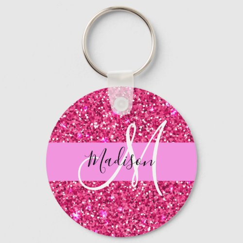 Glam Girly Hot Pink Glitter Sparkles Name Monogram Keychain
