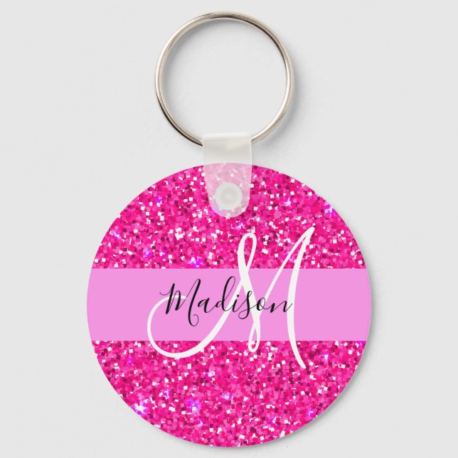 Glam Girly Hot Pink Glitter Sparkles Name Monogram Keychain (Front)