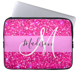 Glam Girly Hot Pink Glitter Sparkles Name Monogram Laptop Sleeve
