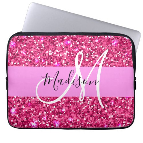 Glam Girly Hot Pink Glitter Sparkles Name Monogram Laptop Sleeve