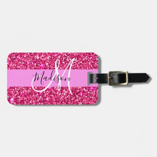Glam Girly Hot Pink Glitter Sparkles Name Monogram Luggage Tag