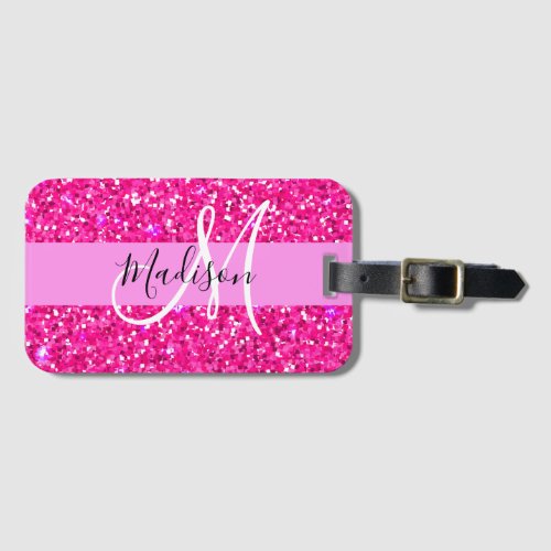 Glam Girly Hot Pink Glitter Sparkles Name Monogram Luggage Tag