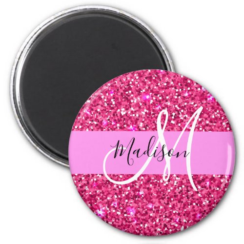Glam Girly Hot Pink Glitter Sparkles Name Monogram Magnet