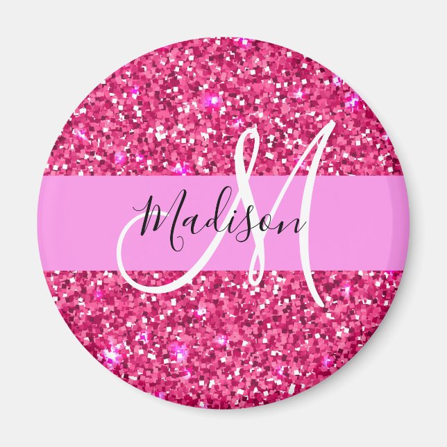 Glam Girly Hot Pink Glitter Sparkles Name Monogram Magnet (Front)