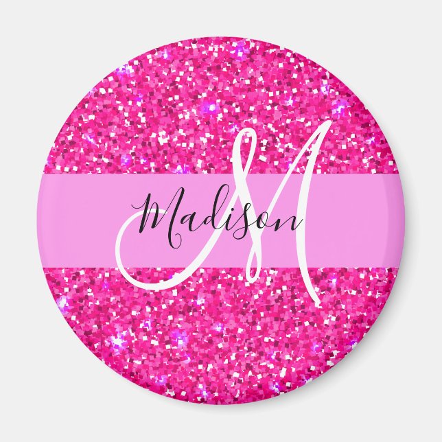 Glam Girly Hot Pink Glitter Sparkles Name Monogram Magnet (Front)