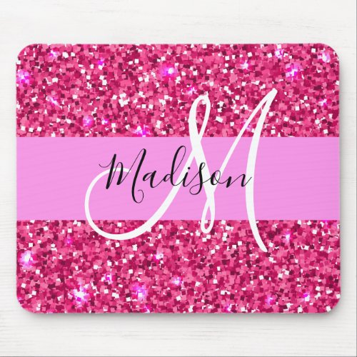 Glam Girly Hot Pink Glitter Sparkles Name Monogram Mouse Pad