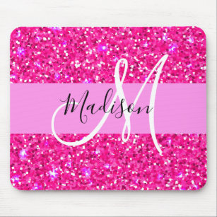 Glam Girly Hot Pink Glitter Sparkles Name Monogram Mouse Pad