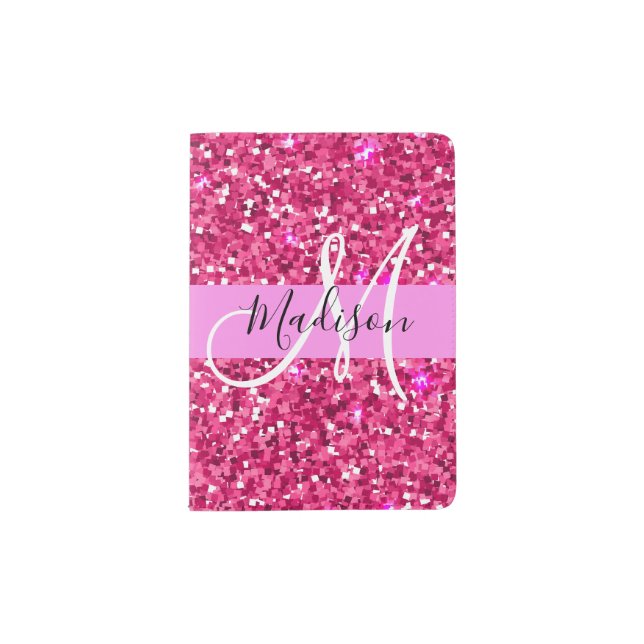 Glam Girly Hot Pink Glitter Sparkles Name Monogram Passport Holder (Front)