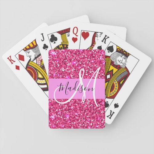 Glam Girly Hot Pink Glitter Sparkles Name Monogram Poker Cards