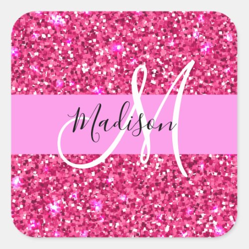 Glam Girly Hot Pink Glitter Sparkles Name Monogram Square Sticker