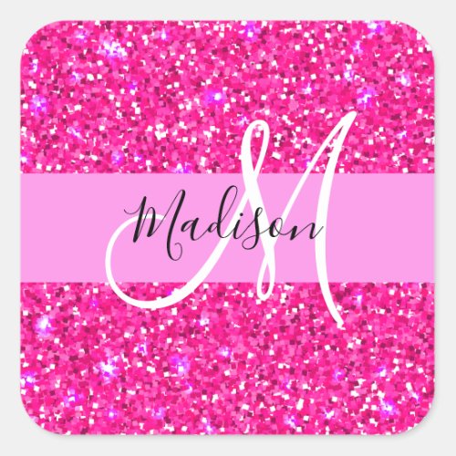 Glam Girly Hot Pink Glitter Sparkles Name Monogram Square Sticker