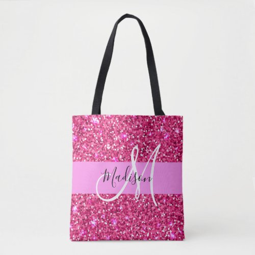Glam Girly Hot Pink Glitter Sparkles Name Monogram Tote Bag