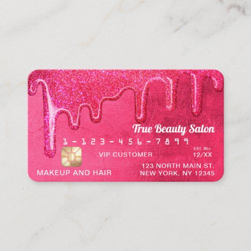 Glam Girly Neon Pink Thick Glitter Drips Credit Business Card