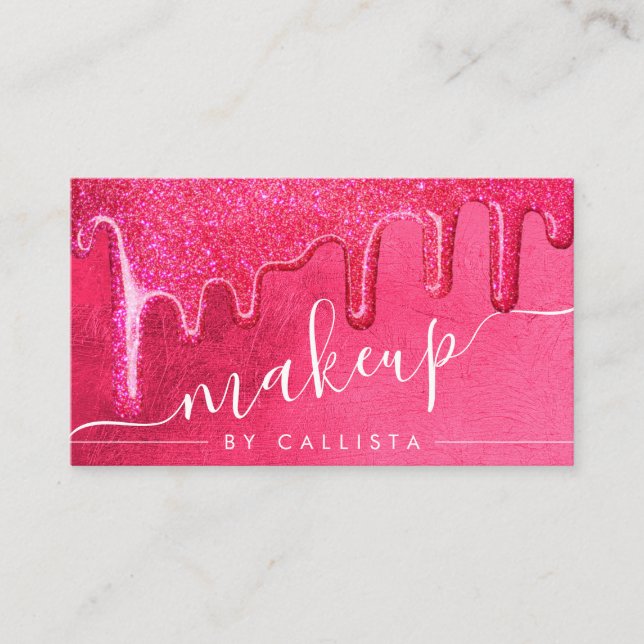 Glam Girly Neon Pink Thick Glitter Drips Makeup Business Card (Front)