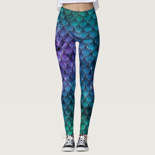 GLAM GIRLY OCEAN BLUE GLITTER MERMAID LEGGINGS