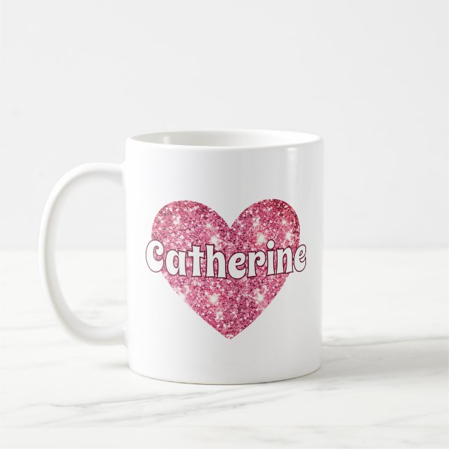 Glam Girly Pink Glitter Heart Name  Coffee Mug (Left)