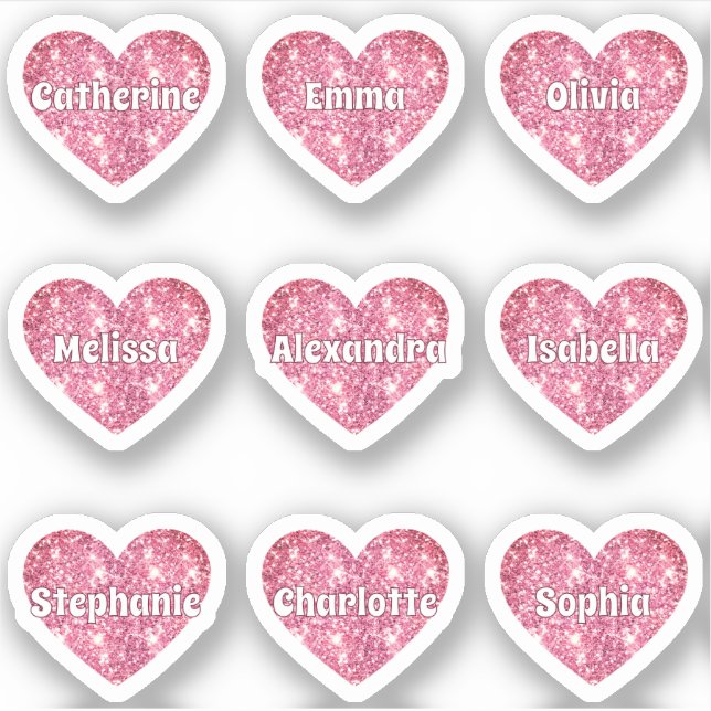 Glam Girly Pink Glitter Hearts Names Pack Sticker (Front)