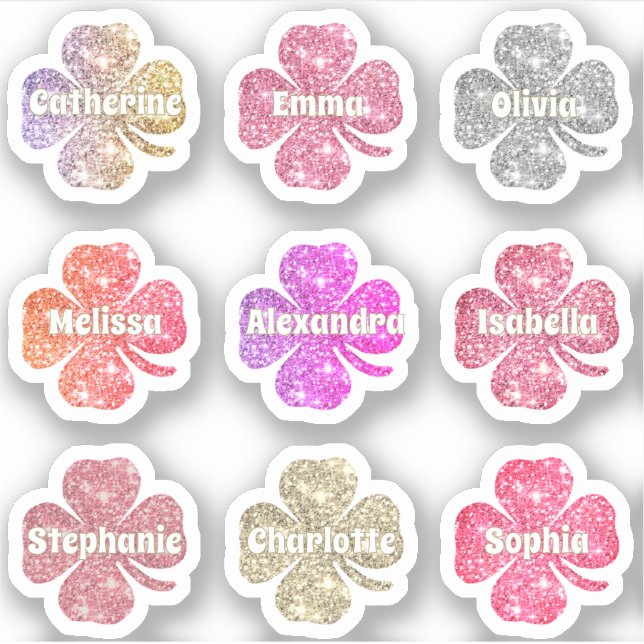 Glam Girly Pink Glitter Lucky Clover Names Pack Sticker (Front)